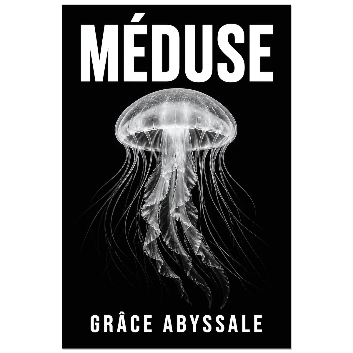 Affiche Méduse – Grâce Abyssale, photographie naturaliste graphique verticale, format 30 × 45 cm