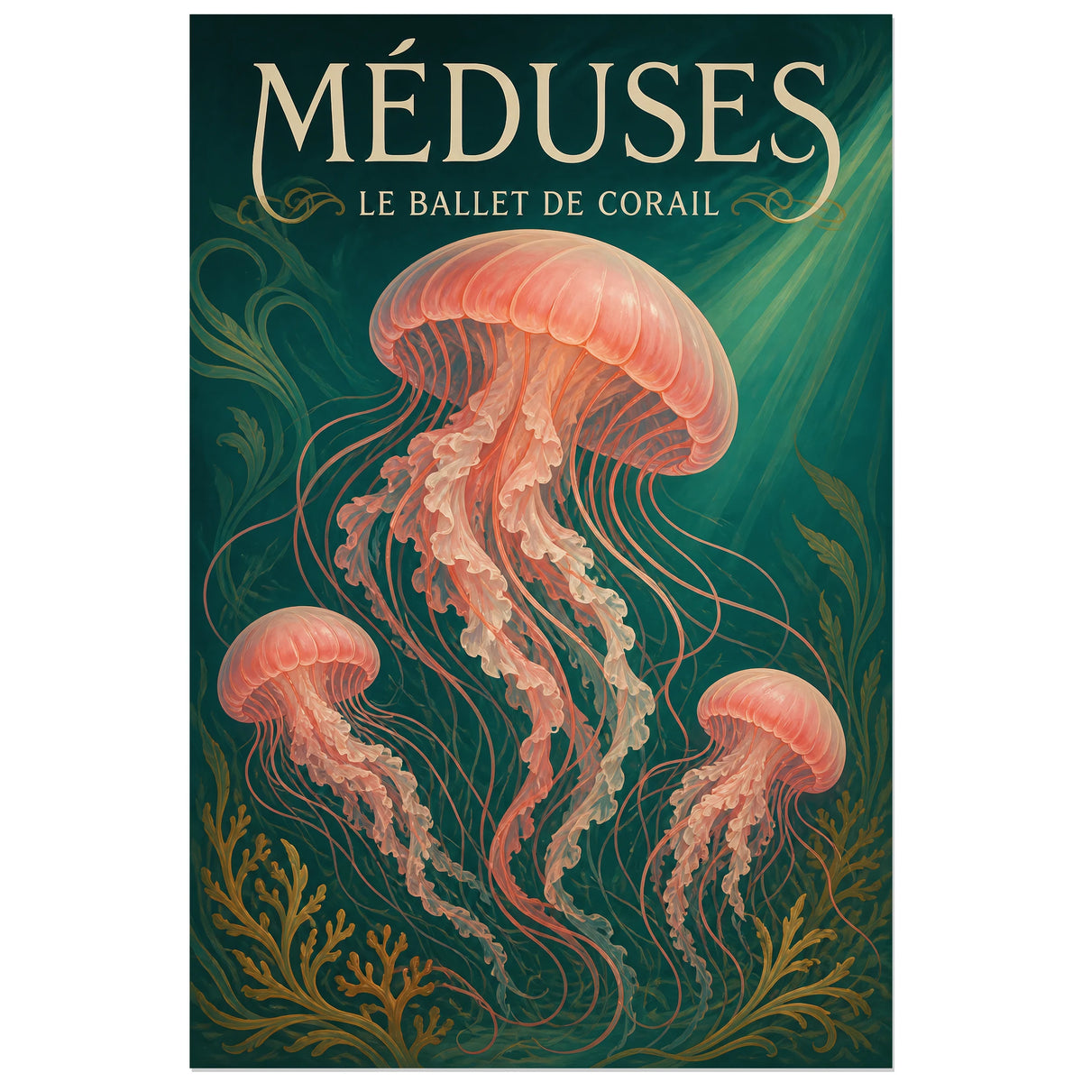 Affiche Méduses – Le ballet de corail, art nouveau / illustration naturaliste / affiche décorative verticale, format 30 × 45 cm