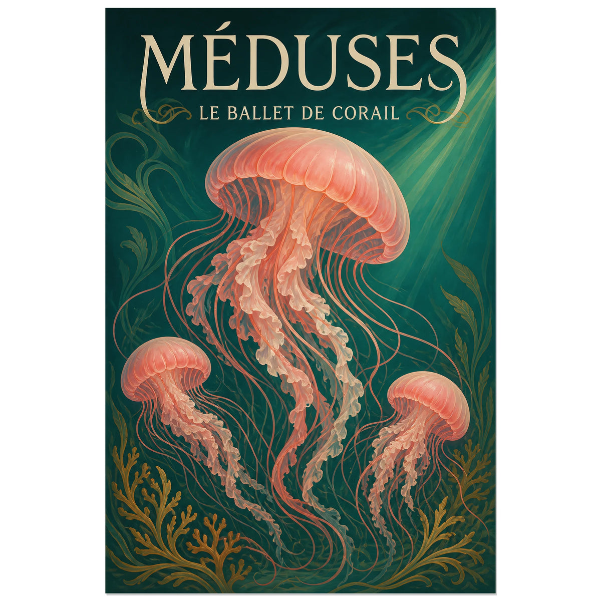 Affiche Méduses – Le ballet de corail, art nouveau / illustration naturaliste / affiche décorative verticale, format 40 × 60 cm