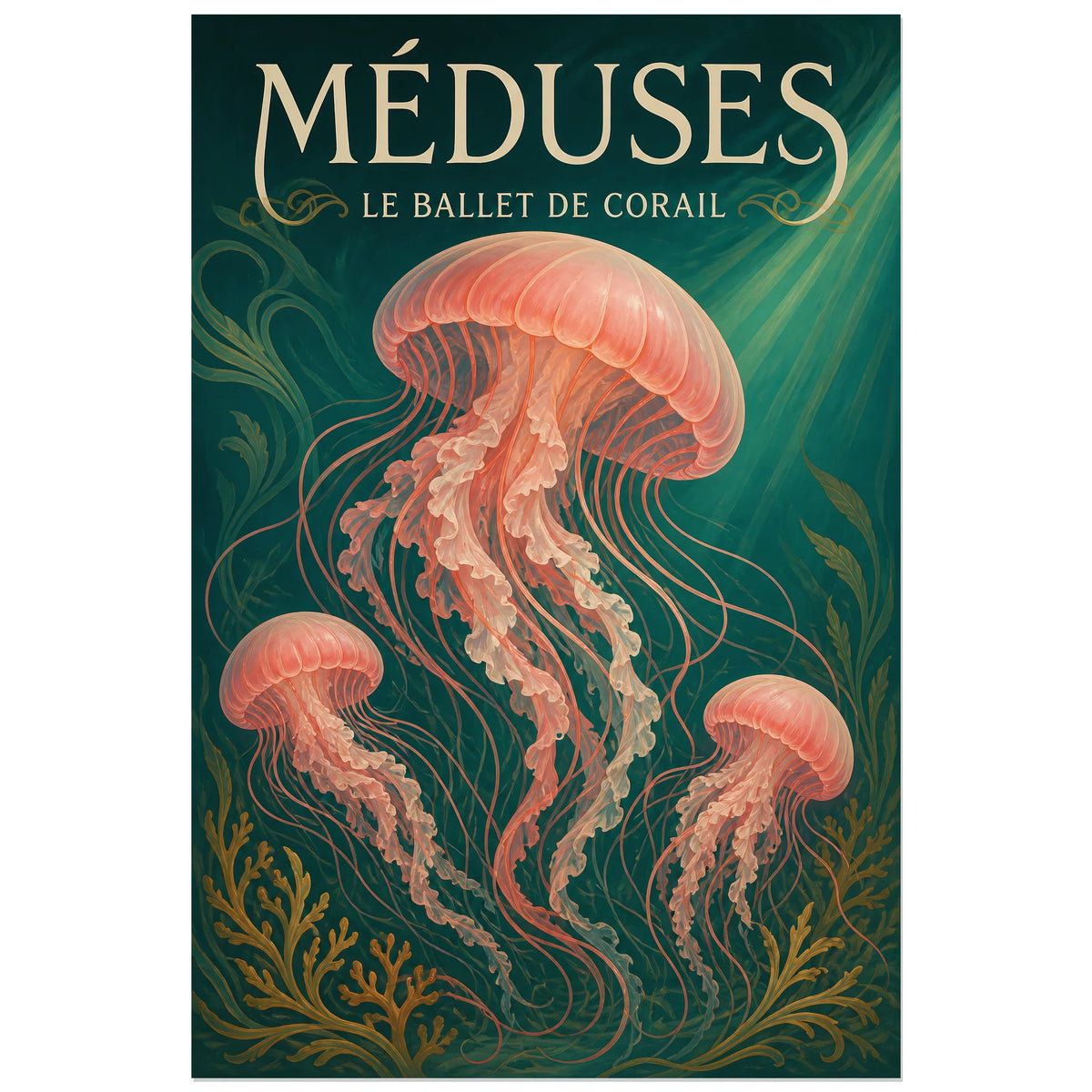 Affiche Méduses – Le ballet de corail, art nouveau / illustration naturaliste / affiche décorative verticale, format 60 × 90 cm