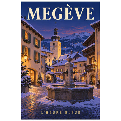 Affiche Megève – Place en hiver, illustration réaliste / affiche touristique néo-vintage verticale, format 40 × 60 cm