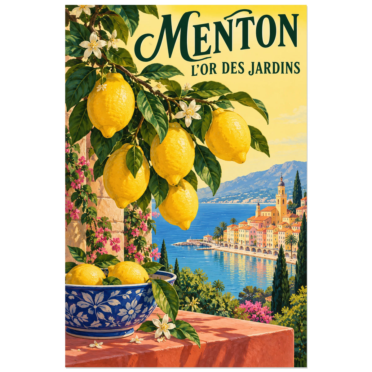Affiche Menton - Citrons en terrasse, illustration peinte / affiche de voyage rétro verticale, format 30 × 45 cm