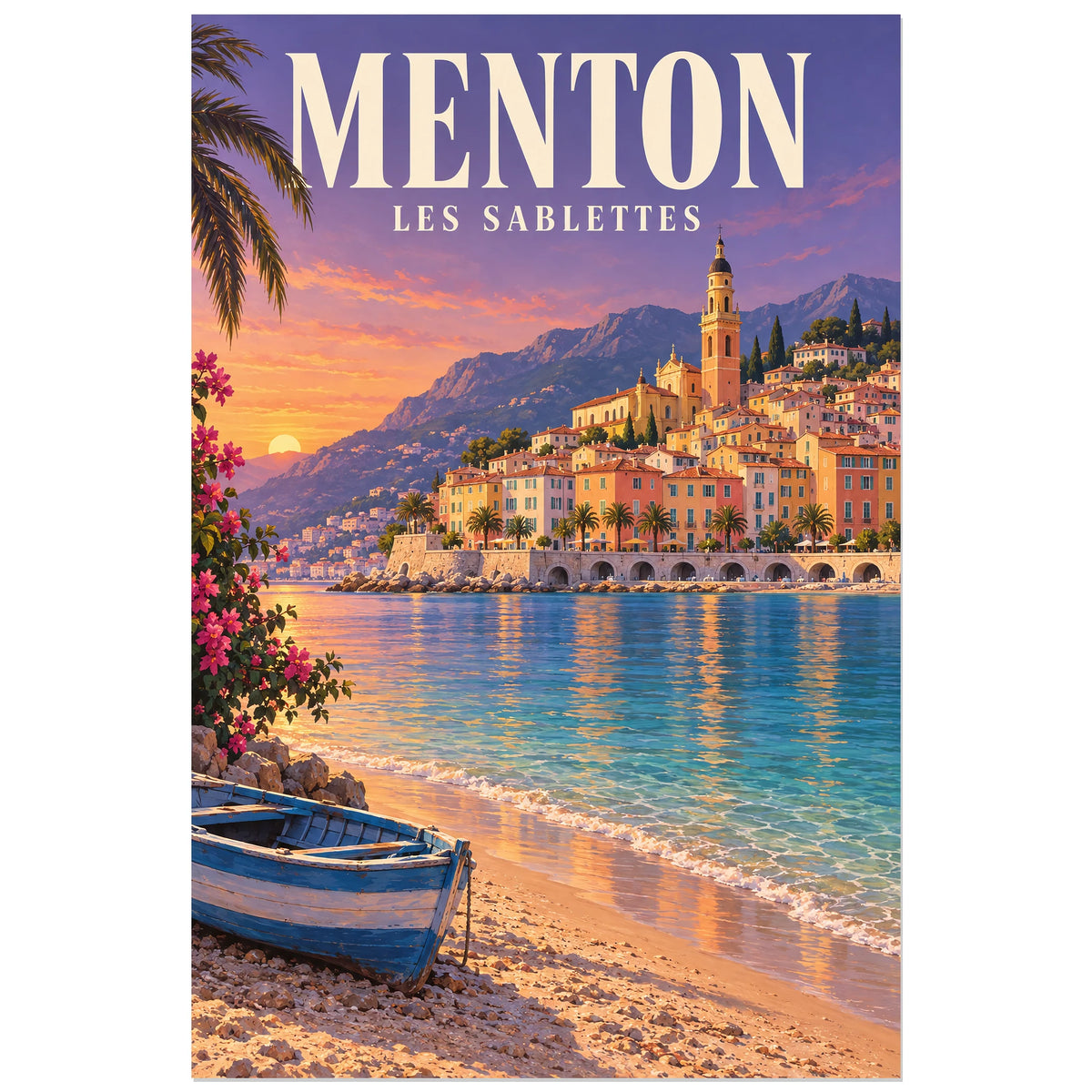 Affiche Menton - Vieille ville et Sablettes, illustration peinte / affiche de voyage rétro verticale, format 40 × 60 cm