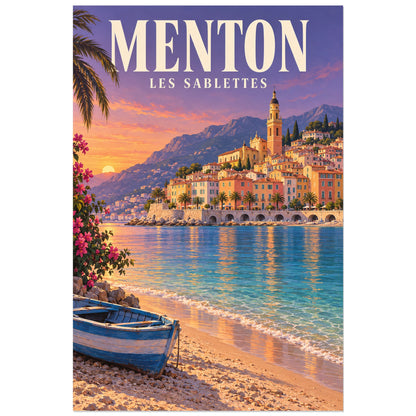 Affiche Menton - Vieille ville et Sablettes, illustration peinte / affiche de voyage rétro verticale, format 40 × 60 cm
