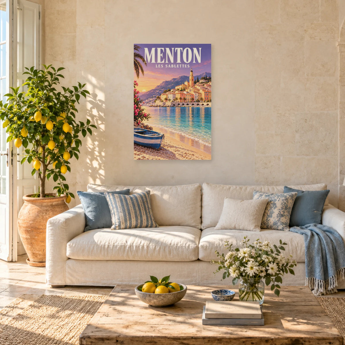 Affiche Menton - Vieille ville et Sablettes dans un salon - Art Virtuoso