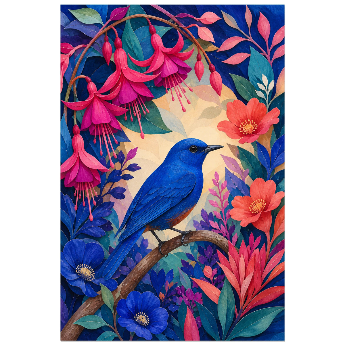 Affiche Oiseau bleu dans un jardin imaginaire, illustration folk contemporaine en gouache et papiers découpés verticale, format 40 × 60 cm