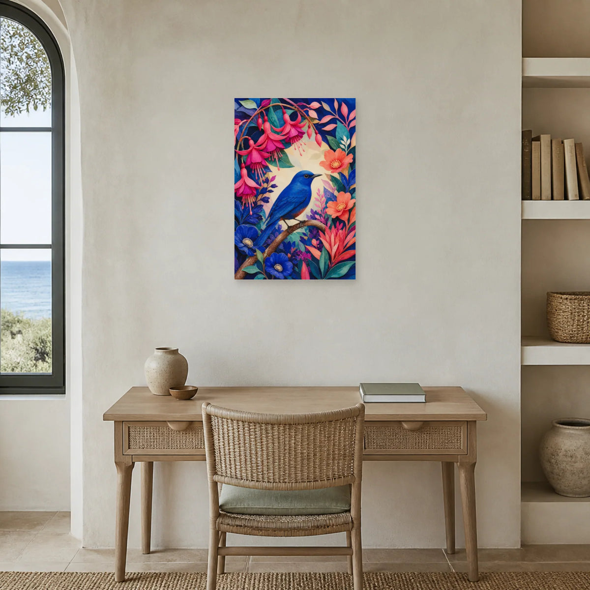 Affiche Oiseau bleu dans un jardin imaginaire dans un bureau - Art Virtuoso