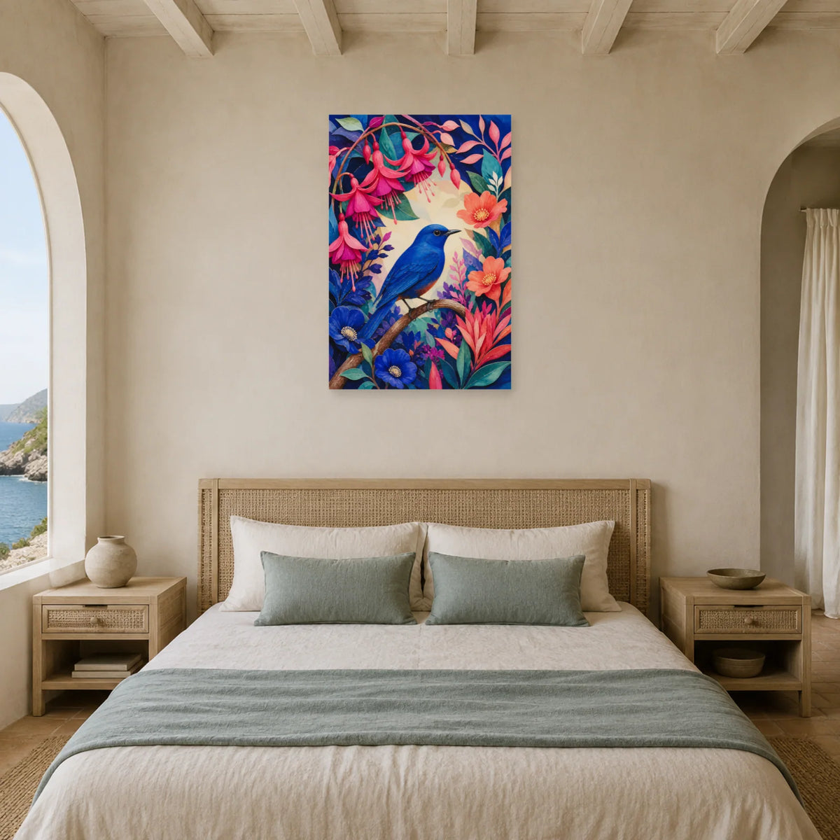 Affiche Oiseau bleu dans un jardin imaginaire dans une chambre - Art Virtuoso