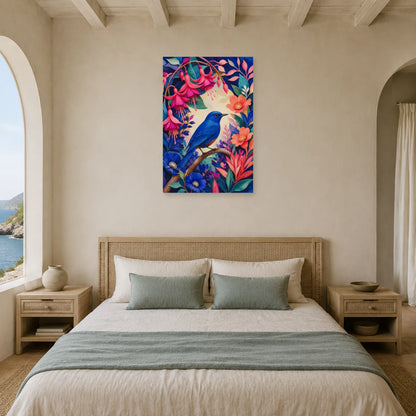 Affiche Oiseau bleu dans un jardin imaginaire dans une chambre - Art Virtuoso