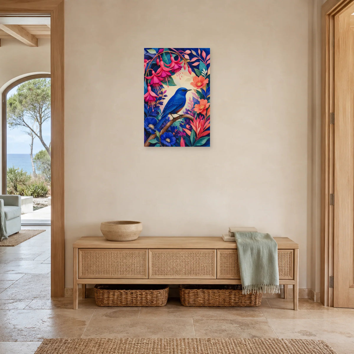 Affiche Oiseau bleu dans un jardin imaginaire dans une entrée ou un couloir - Art Virtuoso