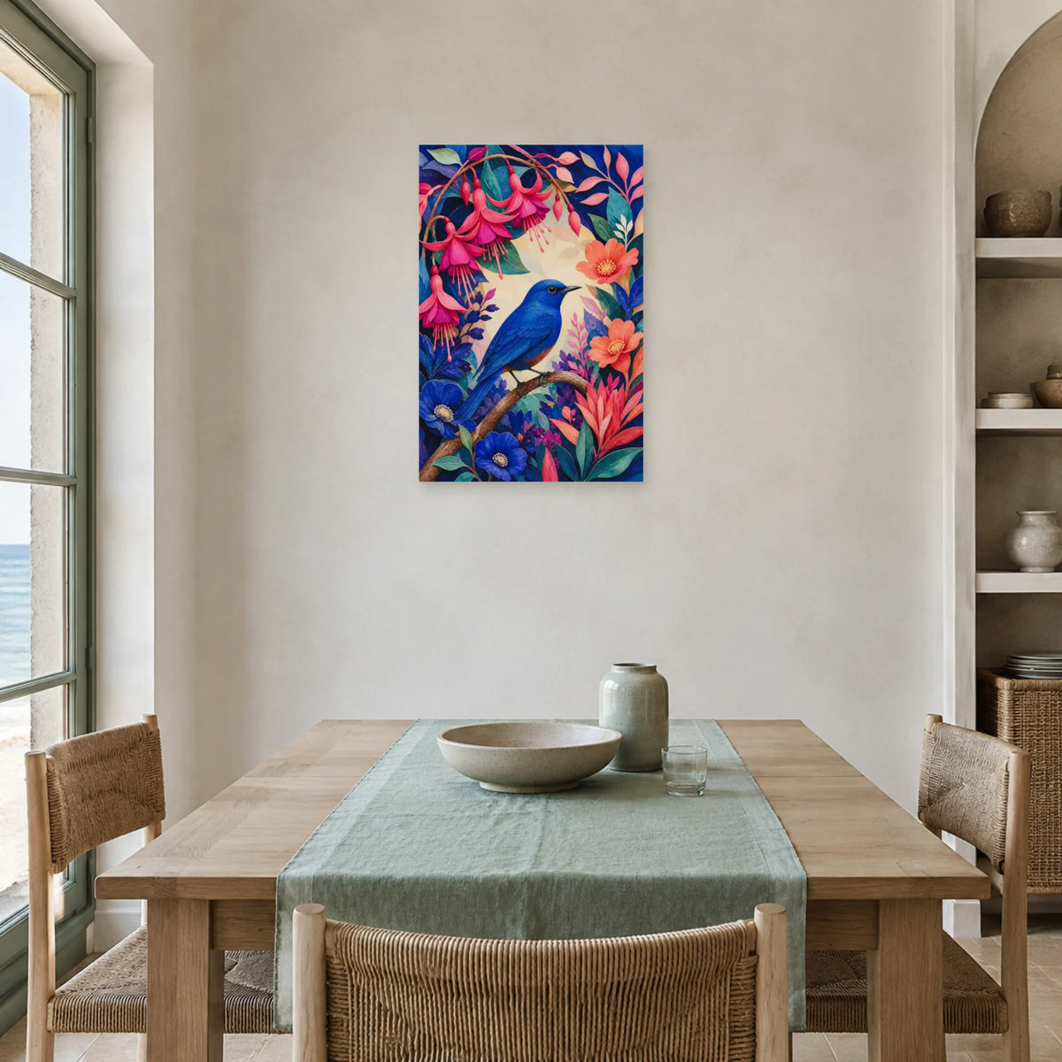 Affiche Oiseau bleu dans un jardin imaginaire dans une salle à manger - Art Virtuoso