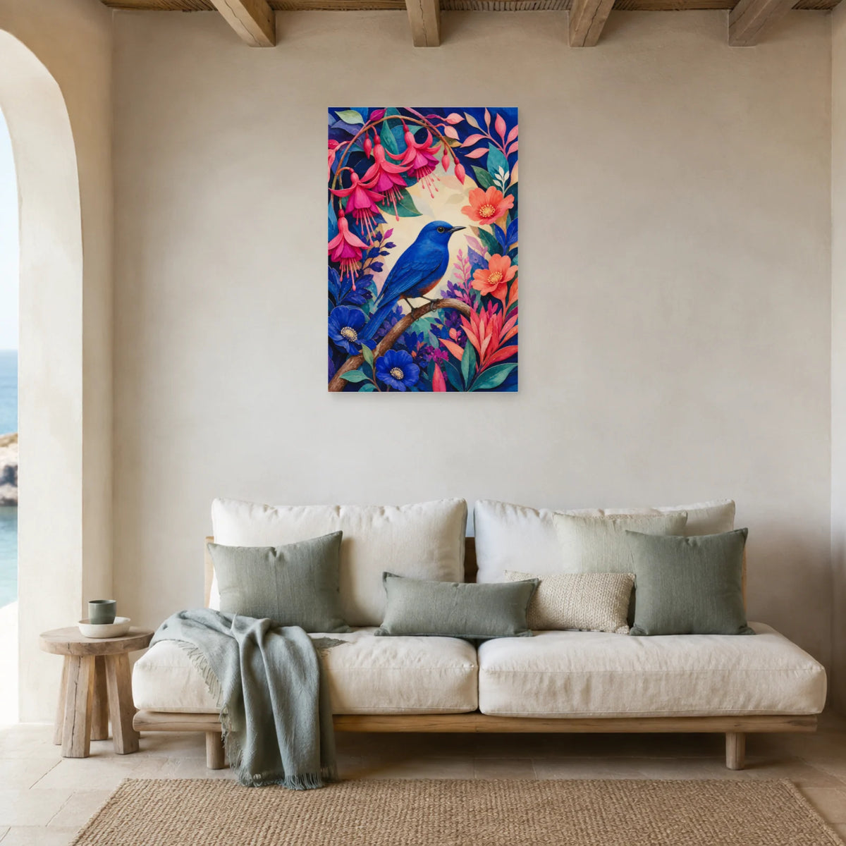 Affiche Oiseau bleu dans un jardin imaginaire dans un salon - Art Virtuoso