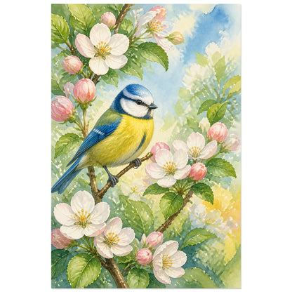 Affiche Mésange bleue et fleurs de pommier, aquarelle botanique printanière fraîche et détaillée verticale, format 40 × 60 cm