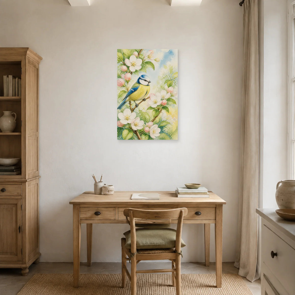 Affiche Mésange bleue et fleurs de pommier dans un bureau - Art Virtuoso