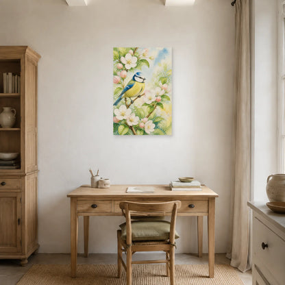 Affiche Mésange bleue et fleurs de pommier dans un bureau - Art Virtuoso