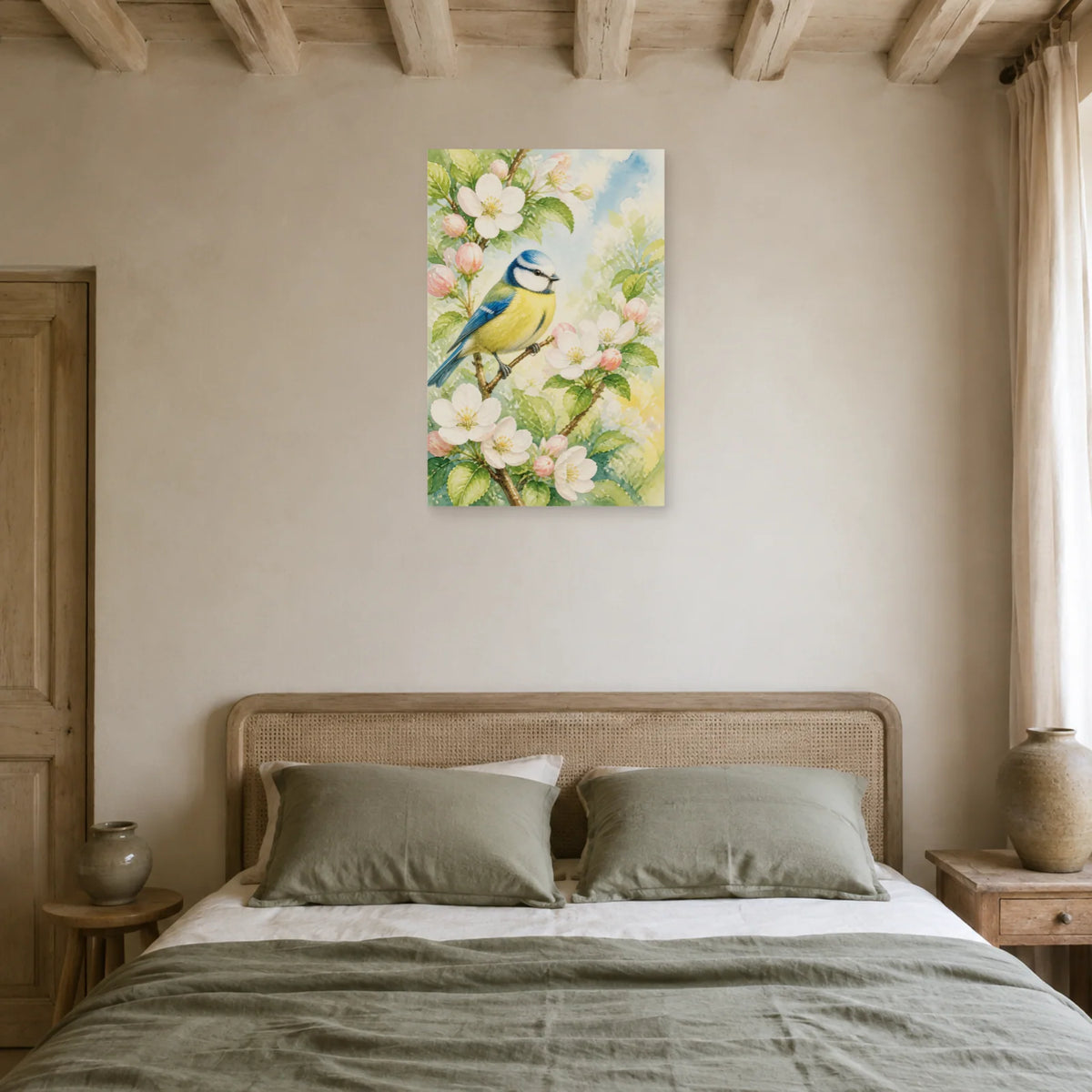Affiche Mésange bleue et fleurs de pommier dans une chambre - Art Virtuoso