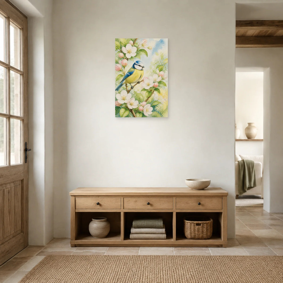 Affiche Mésange bleue et fleurs de pommier dans une entrée ou un couloir - Art Virtuoso