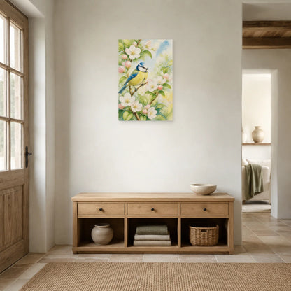 Affiche Mésange bleue et fleurs de pommier dans une entrée ou un couloir - Art Virtuoso
