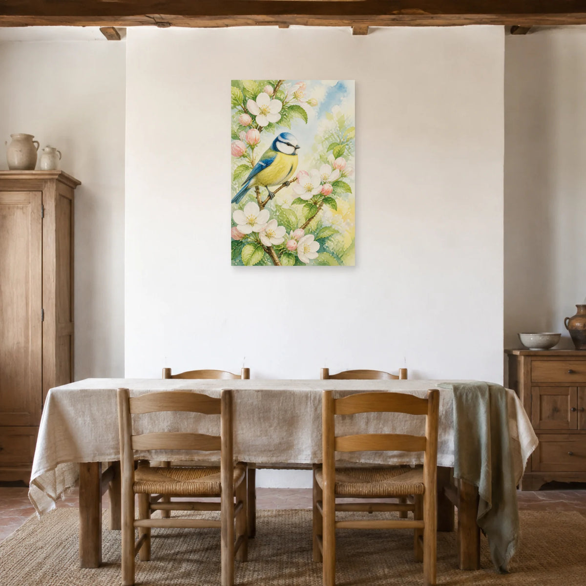 Affiche Mésange bleue et fleurs de pommier dans une salle à manger - Art Virtuoso