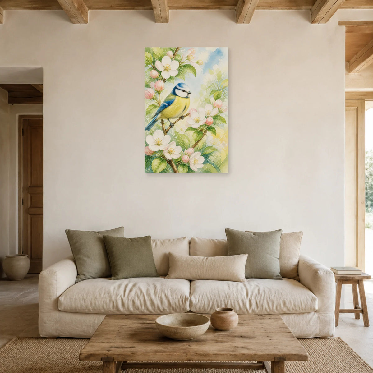 Affiche Mésange bleue et fleurs de pommier dans un salon - Art Virtuoso