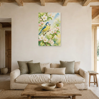 Affiche Mésange bleue et fleurs de pommier dans un salon - Art Virtuoso