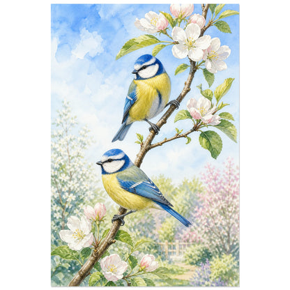 Affiche Mésanges sur une branche au printemps, aquarelle naturaliste printanière lumineuse verticale, format 30 × 45 cm