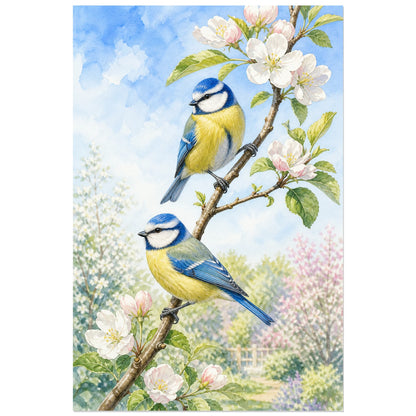 Affiche Mésanges sur une branche au printemps, aquarelle naturaliste printanière lumineuse verticale, format 40 × 60 cm