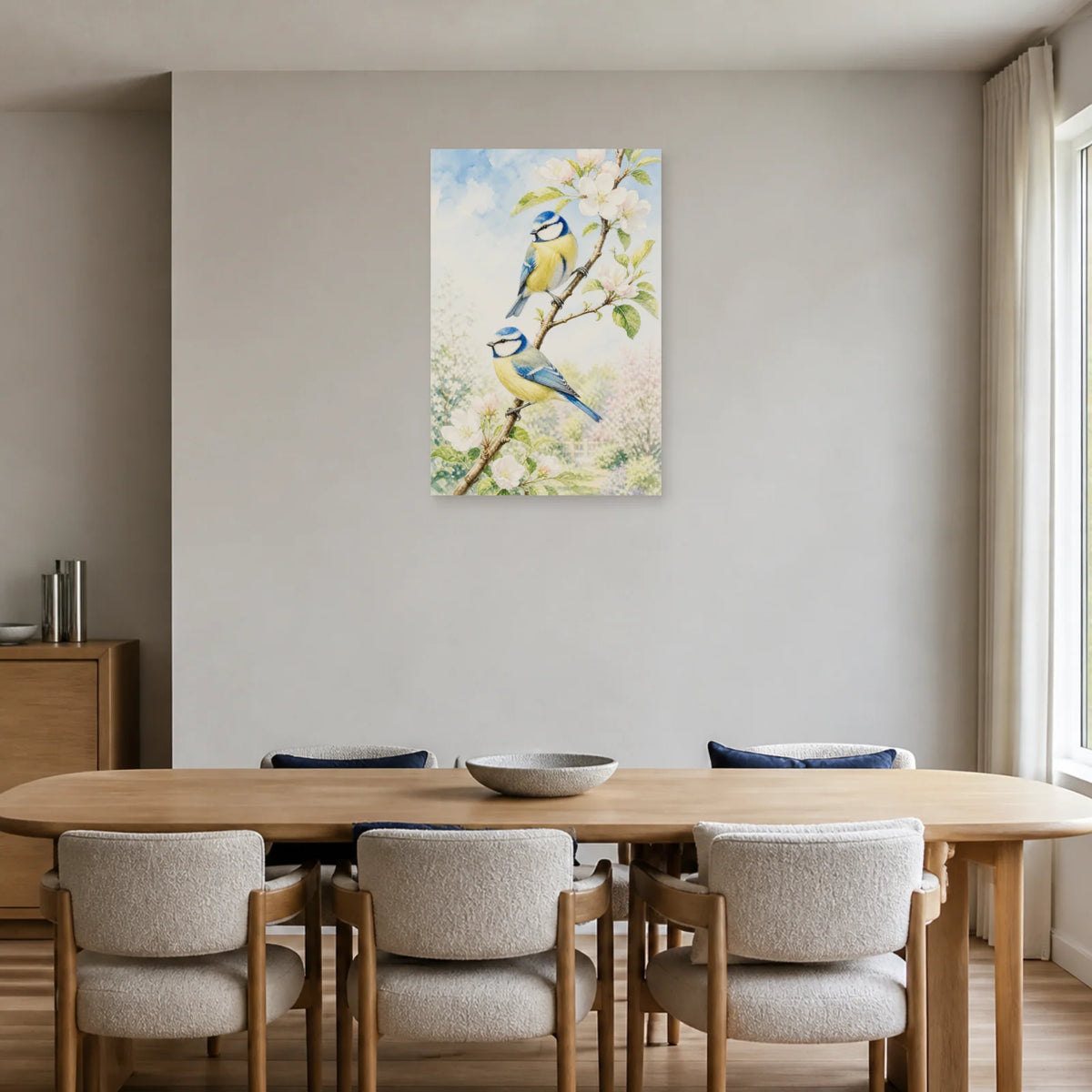 Affiche Mésanges sur une branche au printemps dans une salle à manger - Art Virtuoso