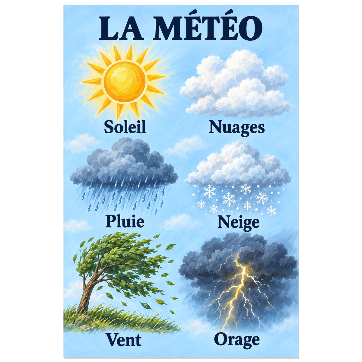 Affiche météo avec vent et nuage d'orage, format 60 × 90 cm