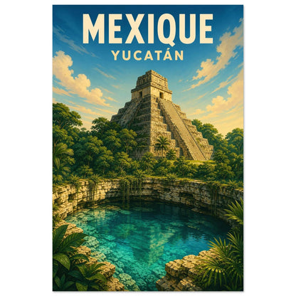 Affiche Mexique – Yucatán, lithographie de voyage contemporaine aux couleurs saturées verticale, format 60 × 90 cm