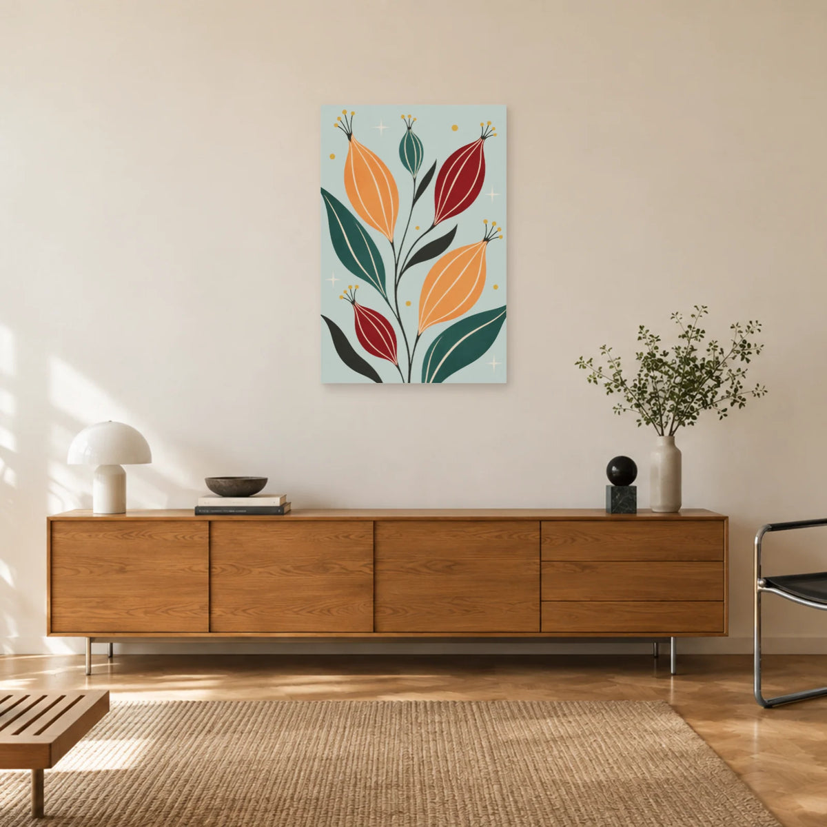 Affiche Mid-century - Graines atomiques dans un salon - Art Virtuoso