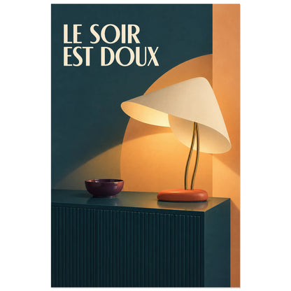 Affiche Mid-century - Le soir est doux, illustration d'intérieur / inspiration mid-century / rendu volumétrique verticale, format 30 × 45 cm