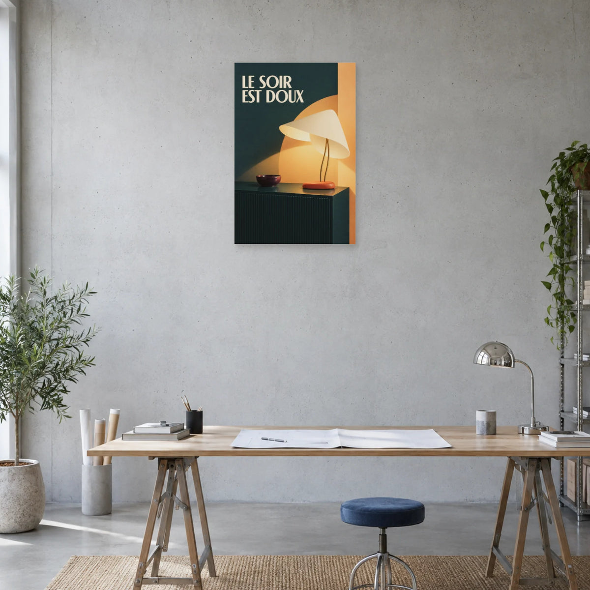 Affiche Mid-century - Le soir est doux dans un bureau - Art Virtuoso