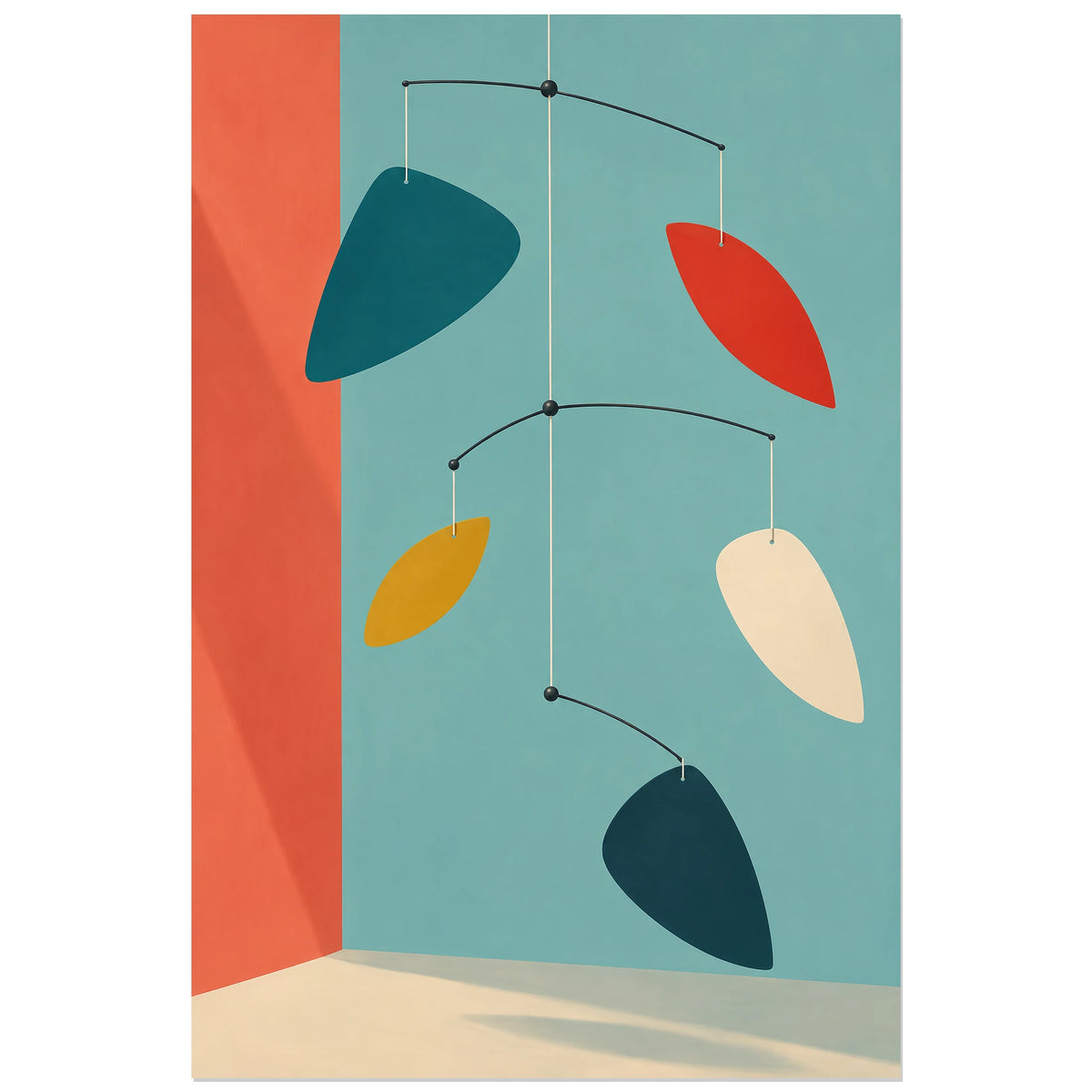 Affiche Mid-century - Mobile de feuilles suspendues, inspiration mid-century / illustration d'objet / formes organiques verticale, format 40 × 60 cm