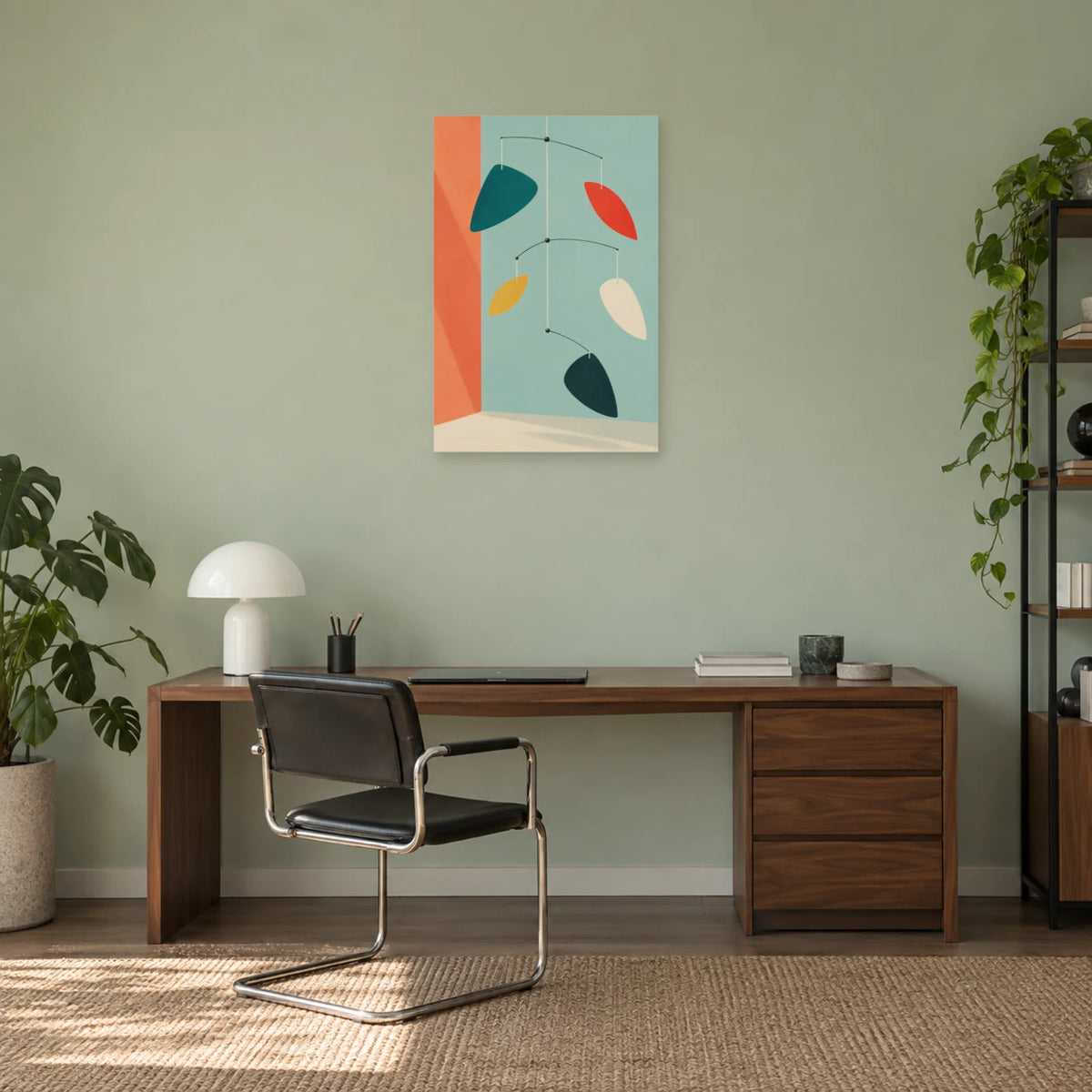 Affiche Mid-century - Mobile de feuilles suspendues dans un bureau - Art Virtuoso