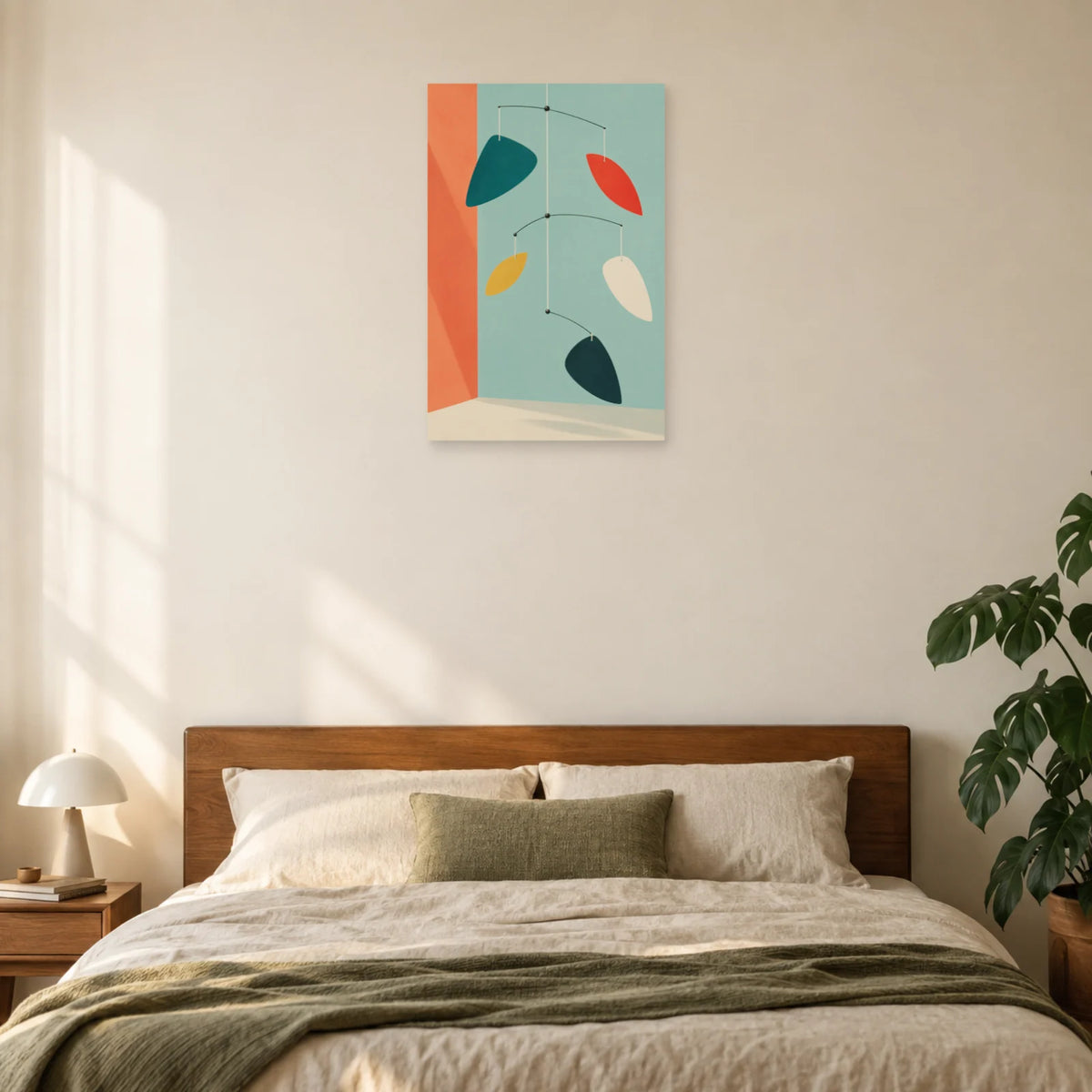 Affiche Mid-century - Mobile de feuilles suspendues dans une chambre - Art Virtuoso