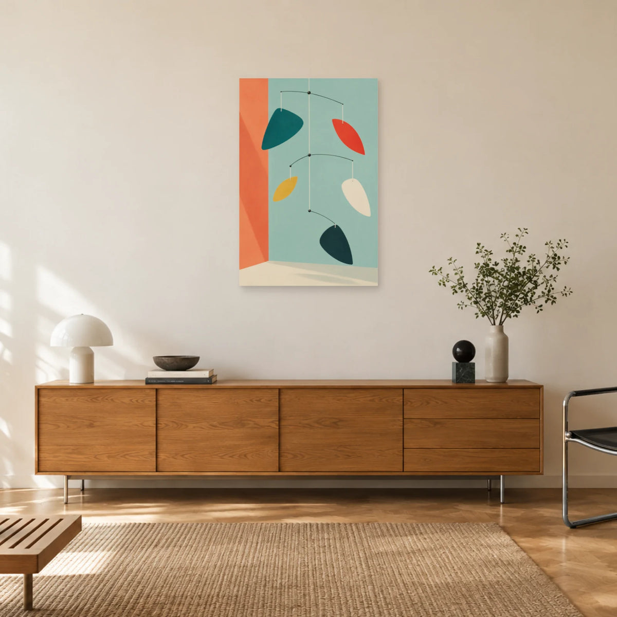 Affiche Mid-century - Mobile de feuilles suspendues dans un salon - Art Virtuoso