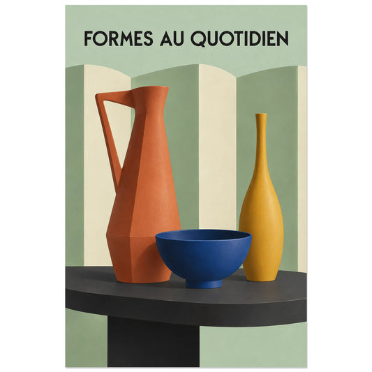 Affiche Mid-century - Formes au quotidien, nature morte illustrée / inspiration mid-century / modelé géométrique verticale, format 30 × 45 cm