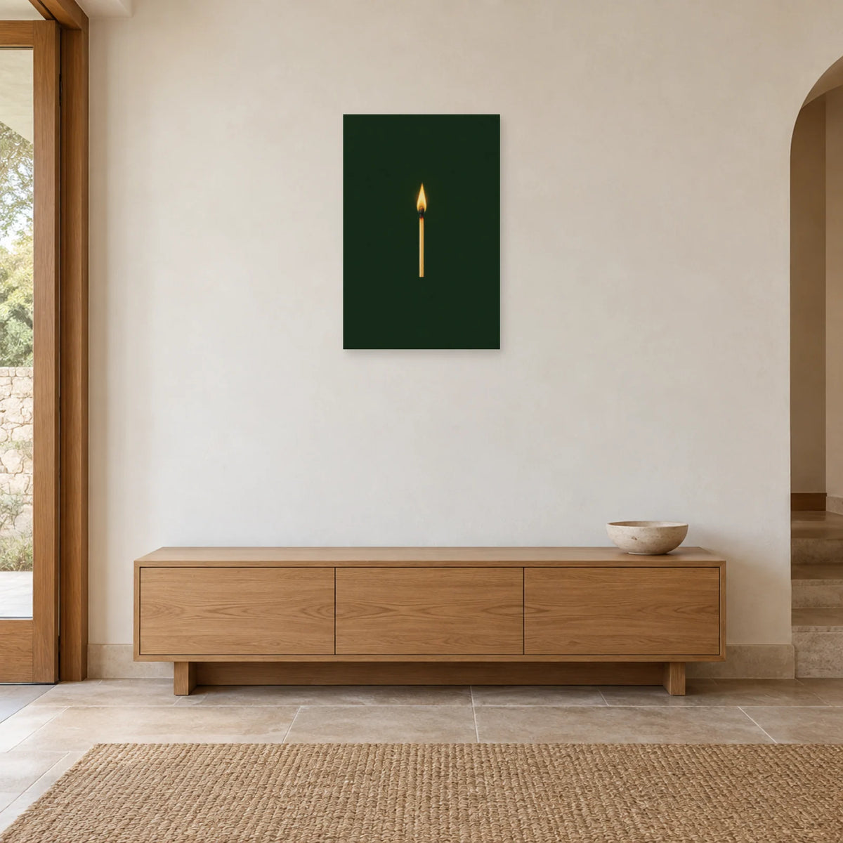 Affiche minimaliste - Allumette et flamme dans une entrée ou un couloir - Art Virtuoso