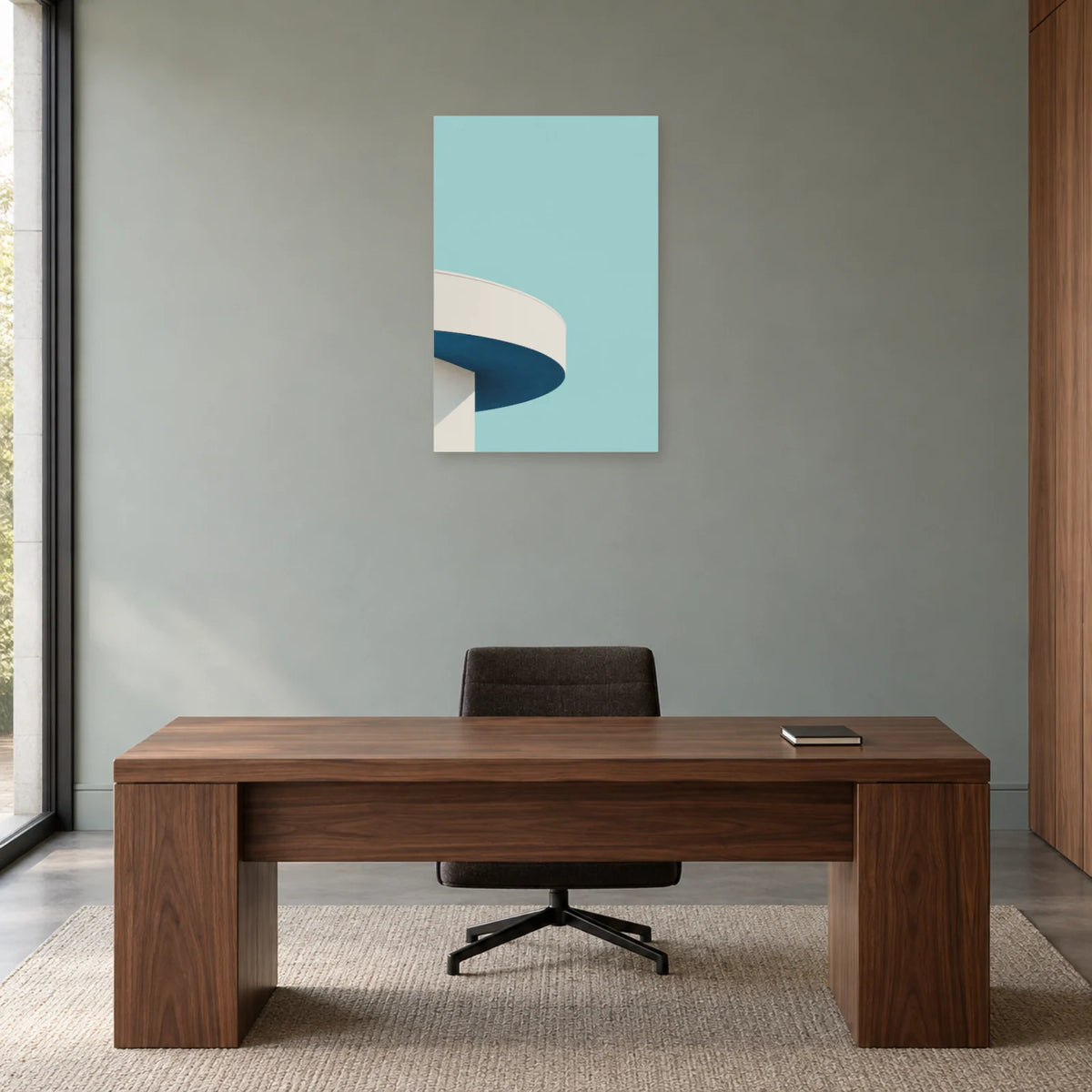 Affiche minimaliste - Balcon courbe et azur dans un bureau - Art Virtuoso