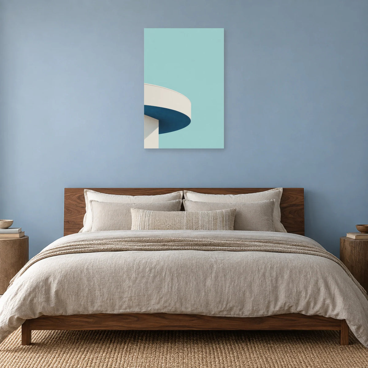 Affiche minimaliste - Balcon courbe et azur dans une chambre - Art Virtuoso