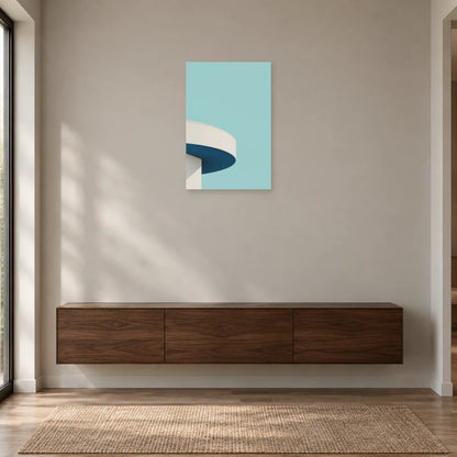 Affiche minimaliste - Balcon courbe et azur dans une entrée ou un couloir - Art Virtuoso
