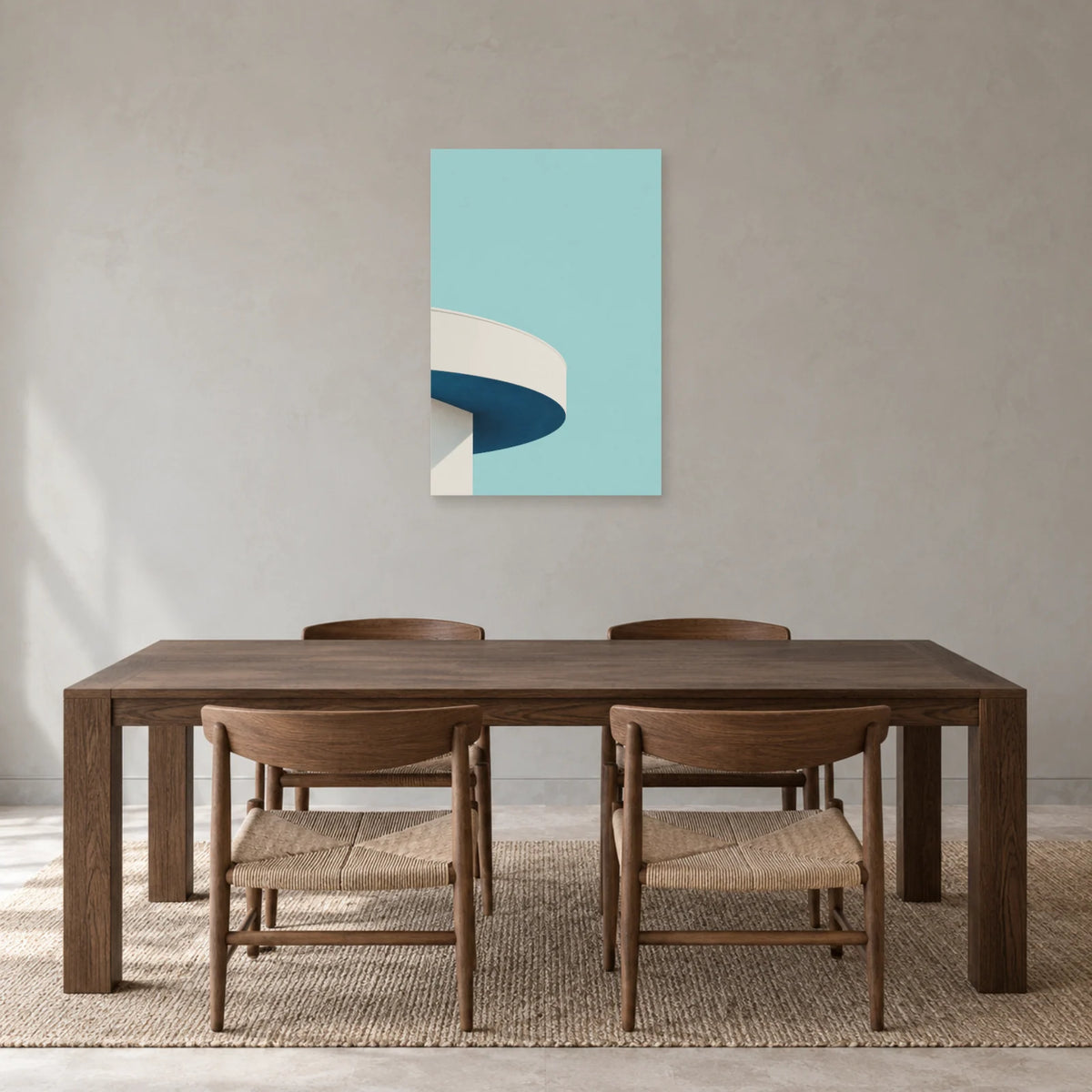 Affiche minimaliste - Balcon courbe et azur dans une salle à manger - Art Virtuoso