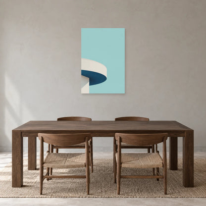 Affiche minimaliste - Balcon courbe et azur dans une salle à manger - Art Virtuoso
