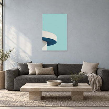 Affiche minimaliste - Balcon courbe et azur dans un salon - Art Virtuoso