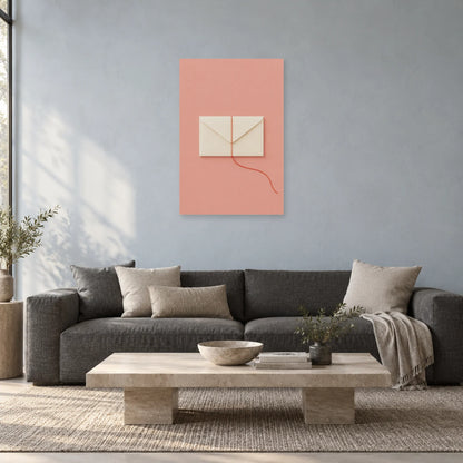Affiche minimaliste - Enveloppe au fil rouge dans un salon - Art Virtuoso