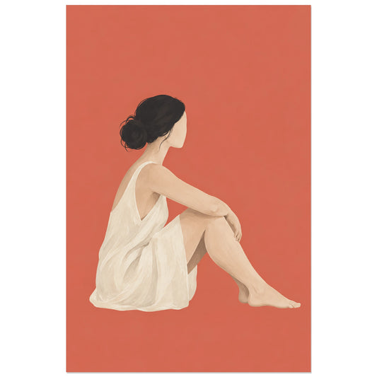 Affiche minimaliste - Femme assise en recueillement, portrait minimaliste / rendu gouache figuratif verticale, format 30 × 45 cm
