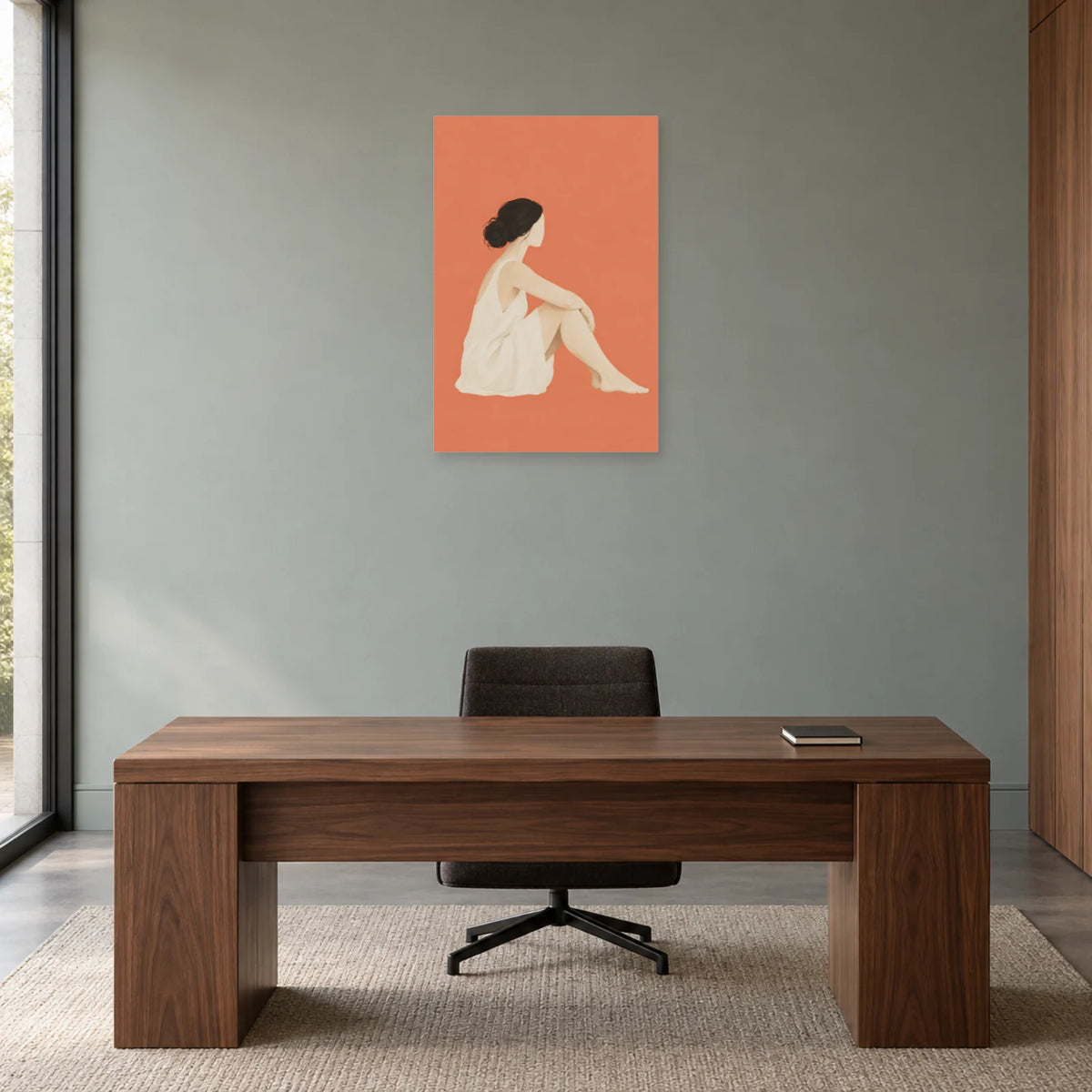 Affiche minimaliste - Femme assise en recueillement dans un bureau - Art Virtuoso