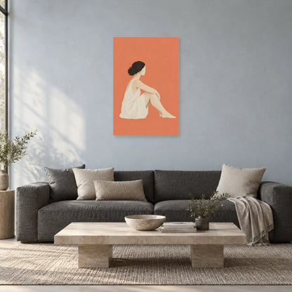 Affiche minimaliste - Femme assise en recueillement dans un salon - Art Virtuoso