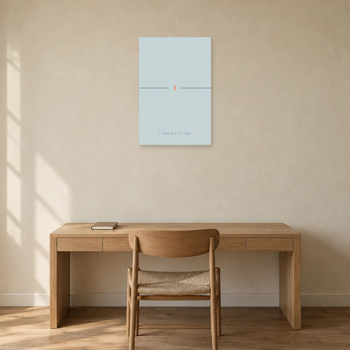 Affiche minimaliste - Ligne interrompue azur dans un bureau - Art Virtuoso